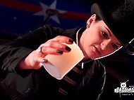 Lesbian partner is pretty tender with tied up porn actress while teasing her nipples and pussy 6