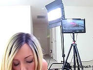 Girl with blond hair wants to pass the porn casting and she has to suck big black cock 5