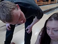 Couple comes to the bowling alley where the girl manages to earn money having sex with a stranger 9
