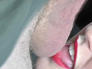 Amateur porn actress puts red lipstick on to lick penis and taste sperm in the end close-up 6