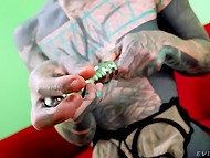 Totally tattooed guy gives the girl a cock ride after she masturbates and sucks his thick penis 4