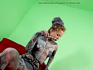 Totally tattooed guy gives the girl a cock ride after she masturbates and sucks his thick penis 6