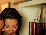 Tender lovemaking in standing doggystyle pose ends for slender brunette with cumshot on her ass 5