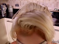 Tattooed blonde takes out round tits and pretends to get the pussy fucked on camera 6