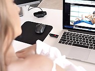 Boss catches secretary masturbating to porn, so he licks the pussy and then makes her suck 4