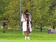 Brave brunette walks in the park dressed in sheer clothes that can't hide her perky tits and sweet pussy 8