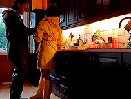Housewife from Norway drinks wine and gives husband a handjob at once in the kitchen 6