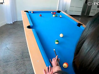 Beautiful brunette stops playing pool to masturbate on the table and be fucked 6