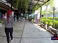 Thai girl with red hair rides cock in reverse cowgirl after she gives the cameraguy a blowjob 4