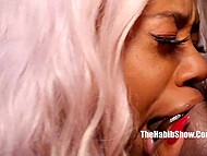 Chocolate pleases guys with chic forms and they take out dicks to fuck her mouth 11