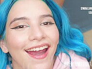 Blue-haired beauty opens mouth allowing horny strangers to fill it up with their delicious sperm 5