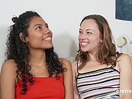 Pale-skinned and Latina chicks talk about sexual preferences and gently fuck in front of the camera 6