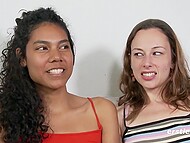 Pale-skinned and Latina chicks talk about sexual preferences and gently fuck in front of the camera 9