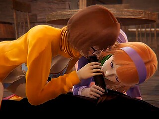 Beautiful Daphne and nerdy Velma team up during fantastic threesome with a strange and horny creature