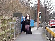 Appetizing British chick in stockings experiments, enjoying amateur masturbation right on the street 10