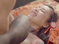 Kinky Asians have sex competition and then the guy thrusts his boner into the show host’s pussy 9
