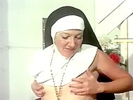 Two mature German nuns from retro porn couldn’t resist the desire to take the gardener’s dick together 4