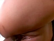 Asian whore in black stockings entertains a man with sticking a glass dildo into her smooth twat 8