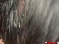 Raven-haired neighbor cleans windows and homeowner invites her inside for fuck on the couch 5