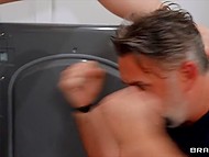 During cleaning the house, the girl tries to seduce the neighbor that loses patience and fucks her 4