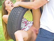 Babe in floral dress swings tire and the sweetheart decides to have sex with her 4