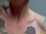 Pink-haired MILF with big boobs, nipple piercing, and tattoos practices sex on the camera 9