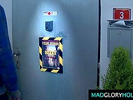 Several perverts fuck trimmed pussy of whore with fake tits who lies in special gloryhole 10
