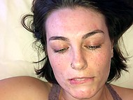 Young black-haired girlfriend sucks partner's fuckstick and receives all cum on her tongue 11