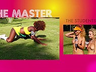 Two naked hotties practice twerking techniques outdoors under control of Ebony instructor 4