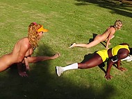 Two naked hotties practice twerking techniques outdoors under control of Ebony instructor 6