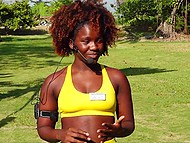 Two naked hotties practice twerking techniques outdoors under control of Ebony instructor 9
