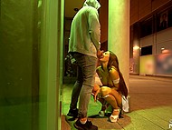 Slender German brunette facialized after quickie with guy in hoodie right on the street 10