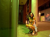 Slender German brunette facialized after quickie with guy in hoodie right on the street 11