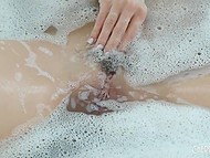 Skinny goes up to bathroom to play with a thick purple dildo in her trimmed snatch 6