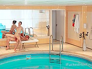 Instructor massages girl's feet making her in the mood for spontaneous sex by the pool 10