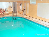 Instructor massages girl's feet making her in the mood for spontaneous sex by the pool 8