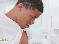 Teen pervert humps the Ebony stepmom's leg in the kitchen and she lets him fuck her 5