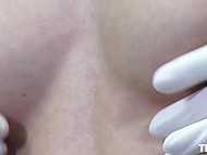 Girl doesn't hurry to undress and puts her hand in white panties in the medical ward 8