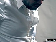 Doctor with glasses helps the client penetrating well-groomed vagina and cumming inside 6