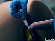 Doctor with glasses helps the client penetrating well-groomed vagina and cumming inside 9