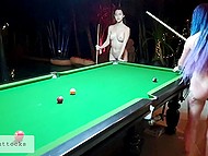 Naked girls with amazing smiles and hairstyles spend the day together in a billiard club 10