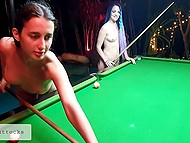 Naked girls with amazing smiles and hairstyles spend the day together in a billiard club 4
