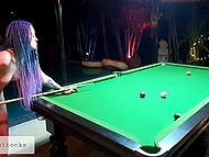 Naked girls with amazing smiles and hairstyles spend the day together in a billiard club 9