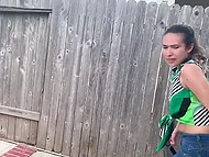 Hairy pussy became wet and girl did it with her older perverted neighbor by the fence 11