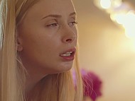 Flowers sent by boyfriend make sweet blonde in the mood to strip naked and rub pussy in the kitchen 5