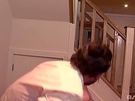 Slim redhead with beautiful natural tits and sexy bush nailed by stud near the staircase 8