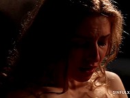 Hot brunette Stacy Bloom calms down Jayla De Angelis by licking her pussy in darkened room 10