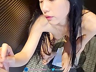 Small-tittied girl of Chinese origin is glad to suck boyfriend's dick on the camera 8