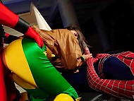 Provocative slender young woman shows off body to Spider-Man and Deadpool who penetrate her together 6