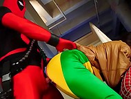 Provocative slender young woman shows off body to Spider-Man and Deadpool who penetrate her together 7